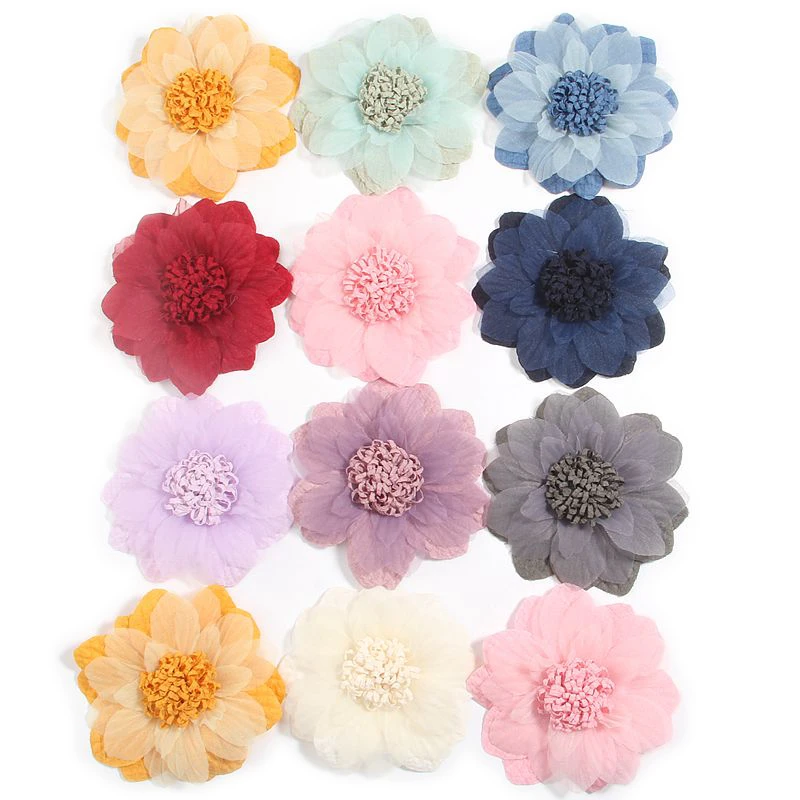 

60Pcs 9cm 3.6" Chiffon Satin Fabric Flowers Bouquet For Baby Girls Hair Accessories Hair Flower for Women Headbands