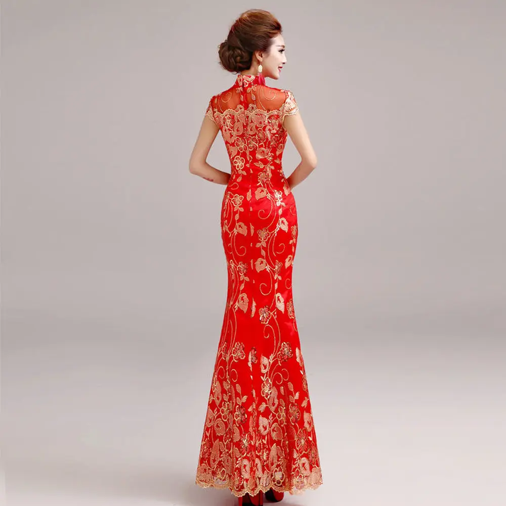 Female Long Short Sleeve Cheongsam Gold Sequin and Embroidery Chinese Traditional Dress Women Qipao Red Chinese Wedding Dress