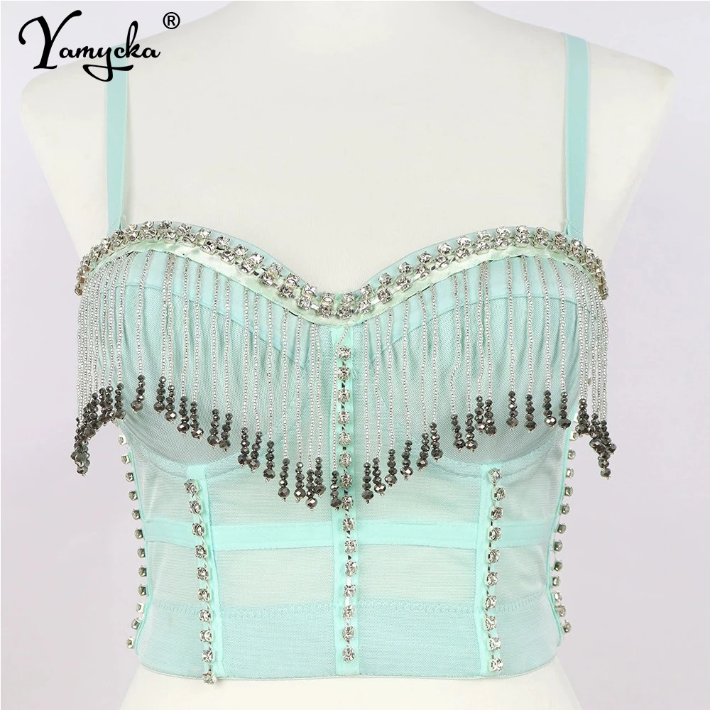 

Sexy y2k clothes halter Rhinestone corset crop top women summer see through mesh tank top rave night club outfits party tops hot