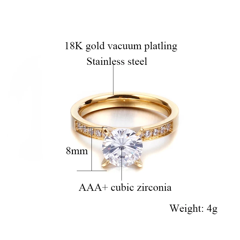 2ct CZ Stone Engagement Ring for Women Gold Color Stainless Steel Wedding Ring Forever Love Jewelry Ring