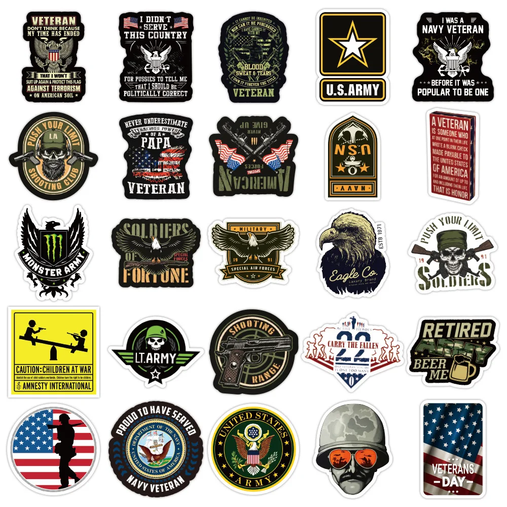 Cartoon Comemorative Veterans Graffiti Adesivos, Equipamento militar, Urso, Unicórnio, Urso, Escola, Estudante, Diário, Tronco, 10 pcs, 30 pcs, 50pcs