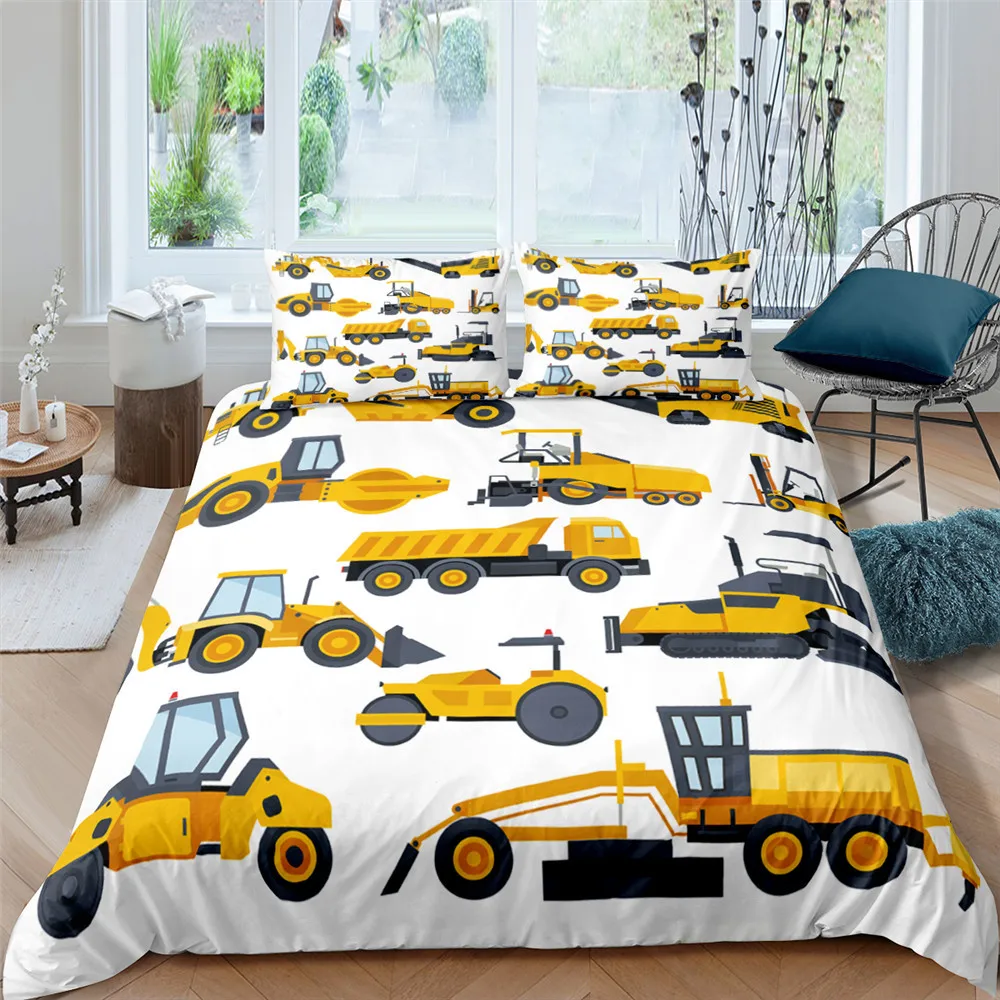 AHSNME Excavator Tank Truck Engineering Vehicle Series Bedding Set Cartoon Children's Room Quilt Cover Pillowcase Set