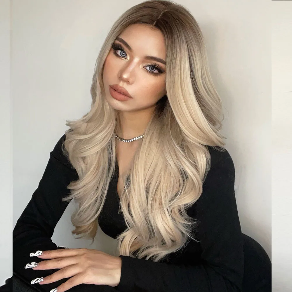 HENRY MARGU Long Wavy Ombre Brown Platinum Blonde Synthetic Wigs for Women Heat Resistant Natural Cosplay Party Lolita Hair Wigs