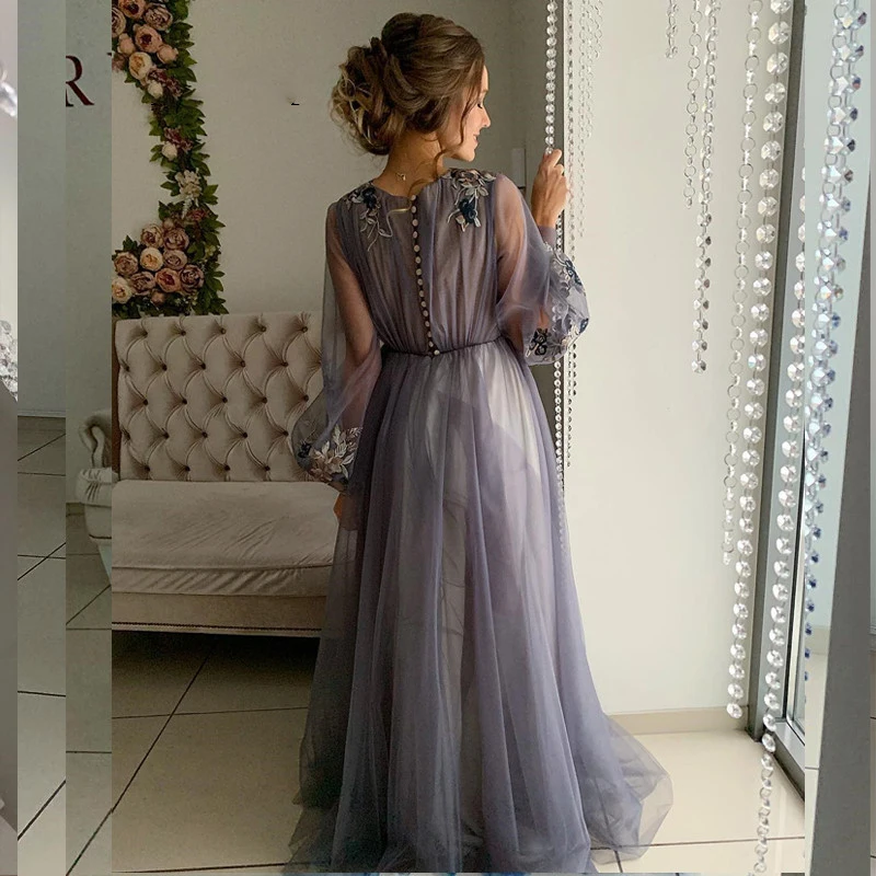 Eightale Gray Arabic Dubai Evening Dresses O-Neck Long Sleeves Prom Gowns Flowers Tulle A-Line Party Dress Mother of Bride Dress