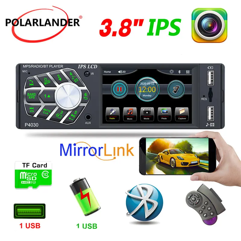 

Автомагнитола 1 Din, MP5 плеер 3,8 Дюйма, IPS экран, FM, AUX, микрофон, Bluetooth, двойной USB, управление рулевым колесом, дистанционное управление, AVI, JPEG