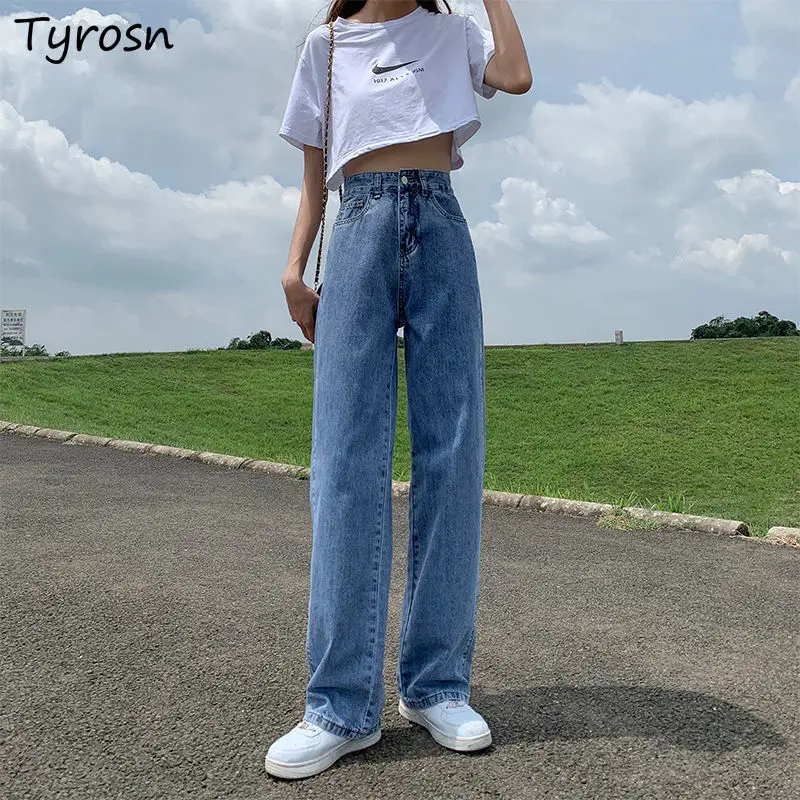 

Jeans Women Dark Blue Washed Zipper Fly Button High Waist Jean Korean Fashion Harajuku Streetwear Straight Denim Trousers Femme