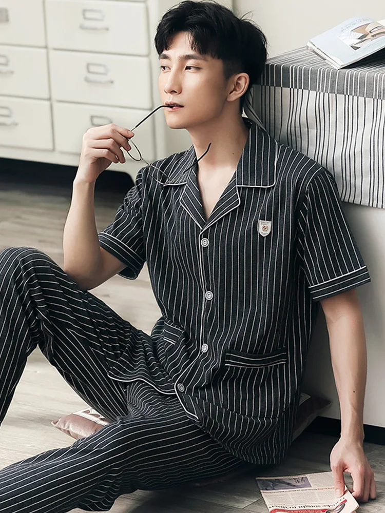 100% Cotton Pajama for Men Summer Short Sleeves Pyjama Button-Down Striped Cotton Pijama Hombre 2PCS Nightwear PJ Plus Size 4XL