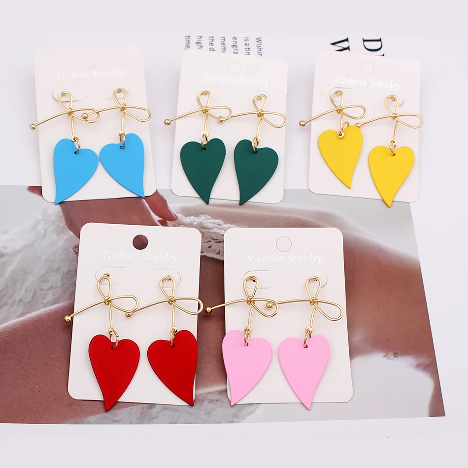 Women Heart Drop Earrings for Party Jewelry Vintage Gold Color Metal Bow Knot Earrings Geometric Female Brincos New Fashion