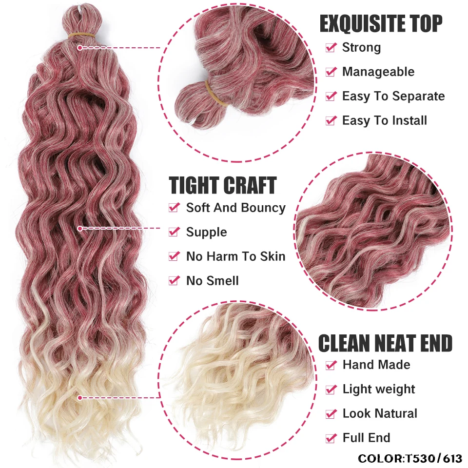 Extensiones de cabello trenzado Ocean Wave para mujer, trenzas de ganchillo, cabello sintético Afro Curl, ombré, rizado, Rubio, rosa, 24 pulgadas