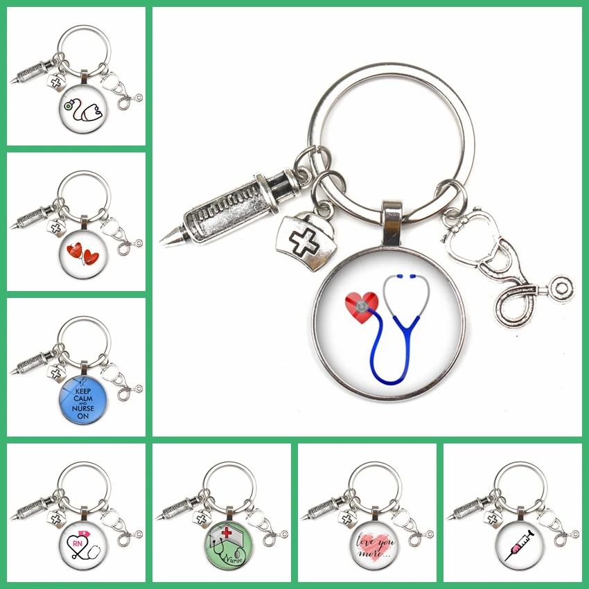 NEW Fashion Personalizeds Nurse Medical Syringe Stethoscope Image Keychain Glass Cabochon and Glass Dome Key Ring Pendant Gift