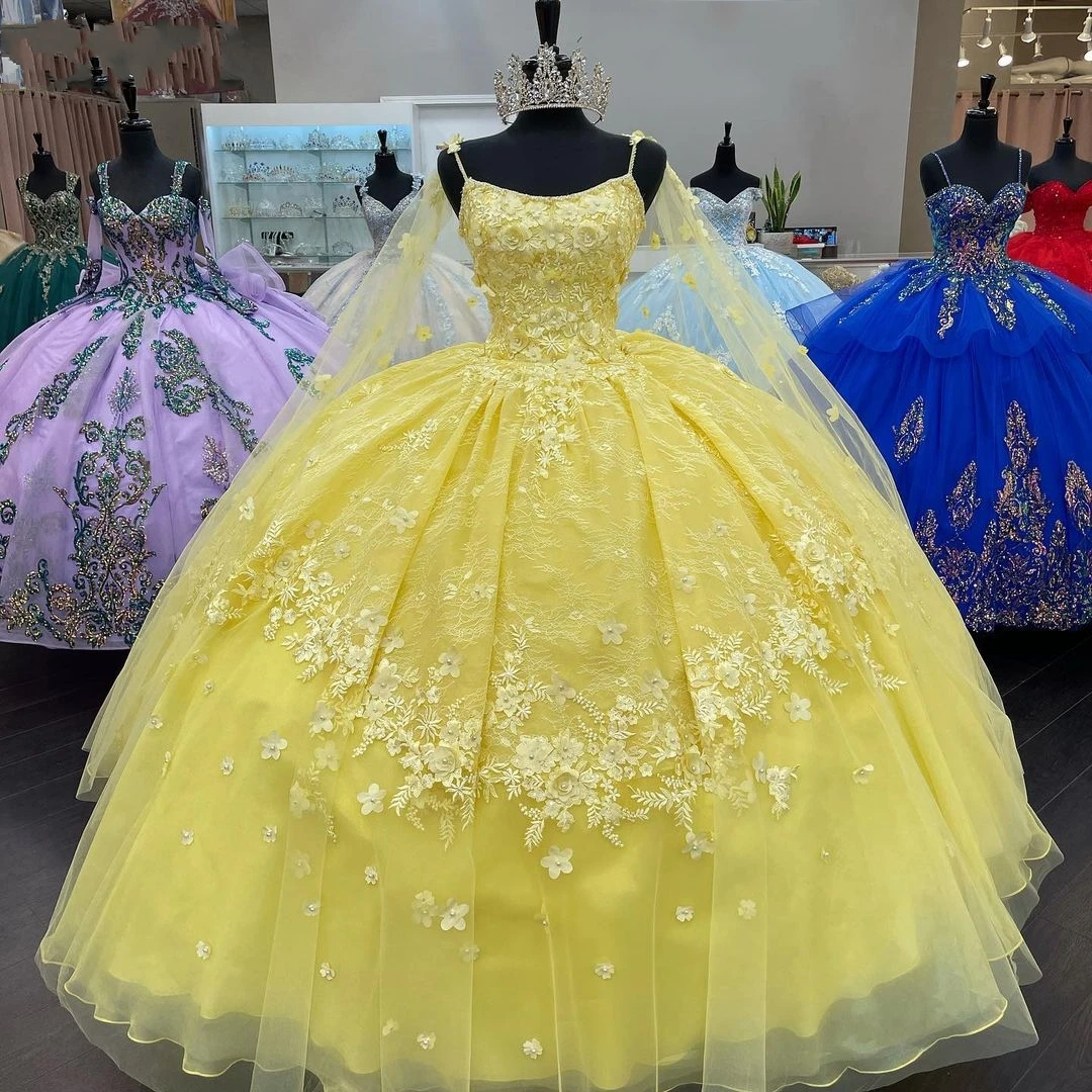 Amarelo vestidos de 15 años 2022 inchado quinceanera vestido basco doce 16 vestido com capuz destacável cabo longo vestido de baile espaguete