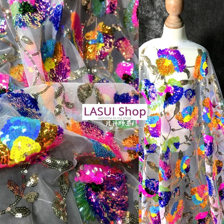 LASUI  2021 NEW brilliant Color transparent sequin cluster flower shiny mesh dress high-end custom dress designer fabric X0750