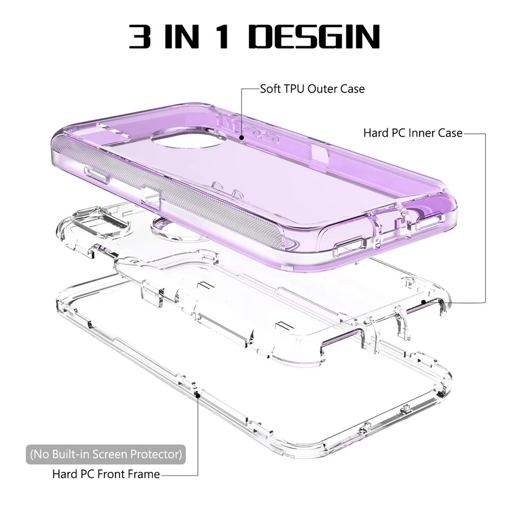 3 IN1 For iPhone 15 14 11 12 13 16Pro Max MINI XR XS X XSMAX SE 6 7 8 Plus Transparent Shockproof Armor Glossy Plain Phone Cover