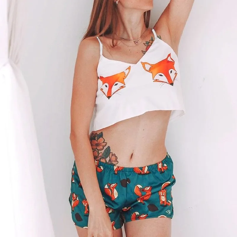 Satin Fox Cartoon Print Lovely Women Sleepwear Summer V Neck Sexy Pyjamas Nice Strap Pyjama Sets Femme Homewear