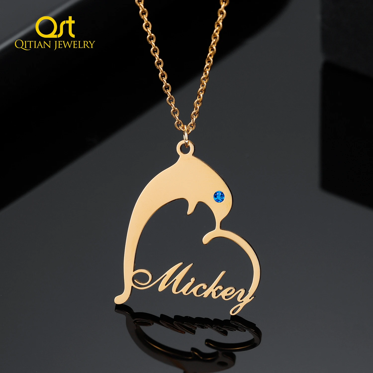 

Custom Dolphin Name Necklace With Heart Personalized Nameplate Name Chain Stainless Steel Gold Pendant Jewelry Gift For Women