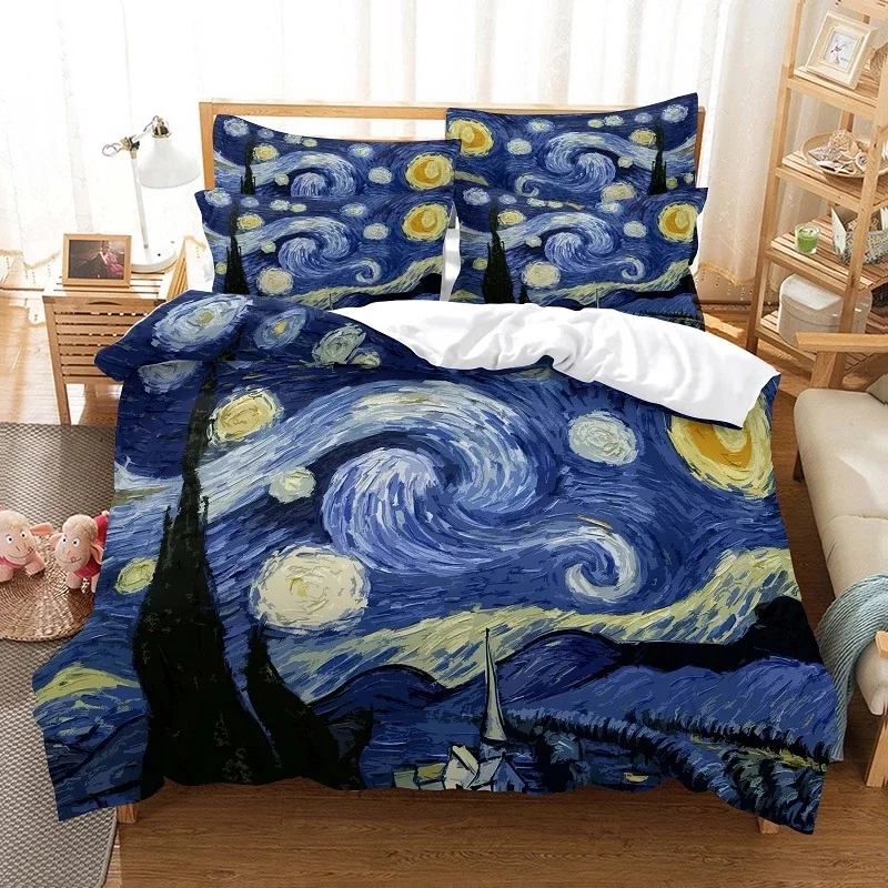 Luxury Van Gogh Oil Painting Bedding Set Starry Sky Print Duvet Cover And Pillowcase Queen King Size 3 Pieces Decor Home Textile