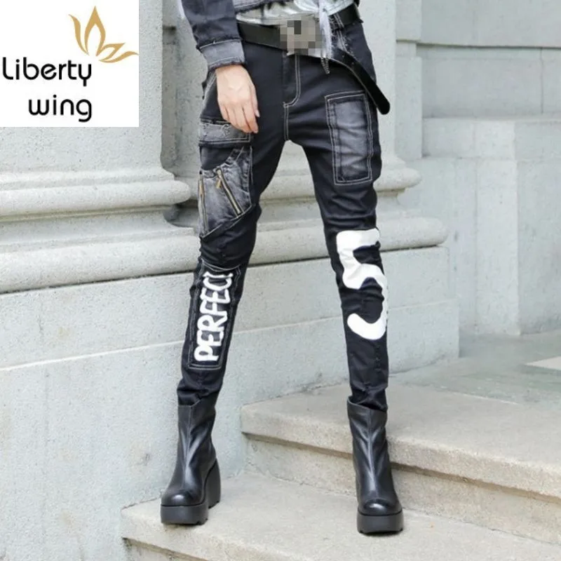 Punk Style New Arrival Fashion Women Harem Female Trousers Jeans Denim Long Pants Pockets Zipper Washed Black Plus Size