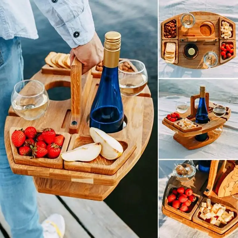 Wooden Portable Outdoor Folding Table Fruit Snack Tray Camping Picnic Wine Table Removable Wine Glass Holder Picnic Table