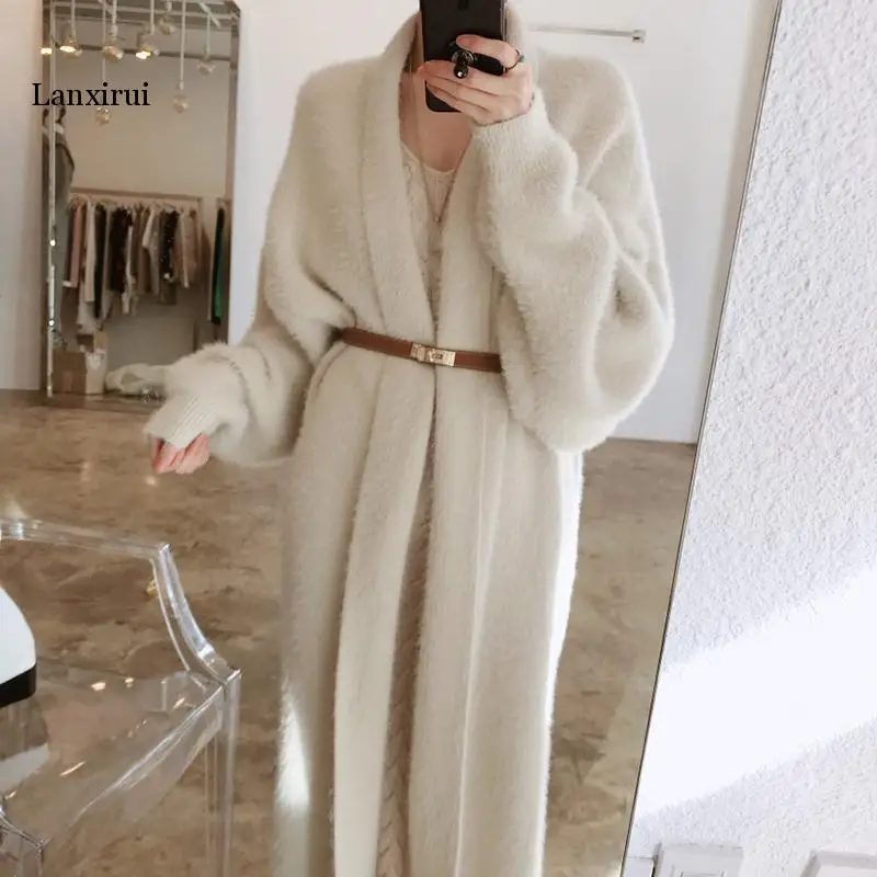 Korean Autumn Women's Trench Elegant Loose Long-sleeved Warm Solid Color Mink-like Fur Coat With Belt