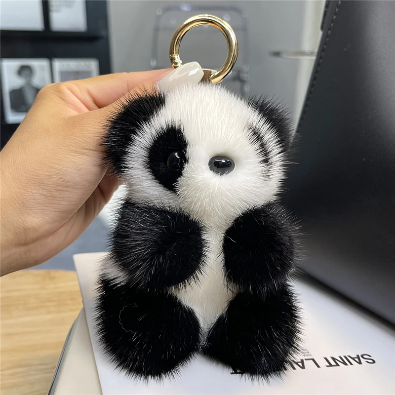 Cute Real Mink Fur Keychain Plush Panda Pendant Kids Toy Women Bag Charm Trinkets Car Metal Key Rings Rear View Mirror Ornaments