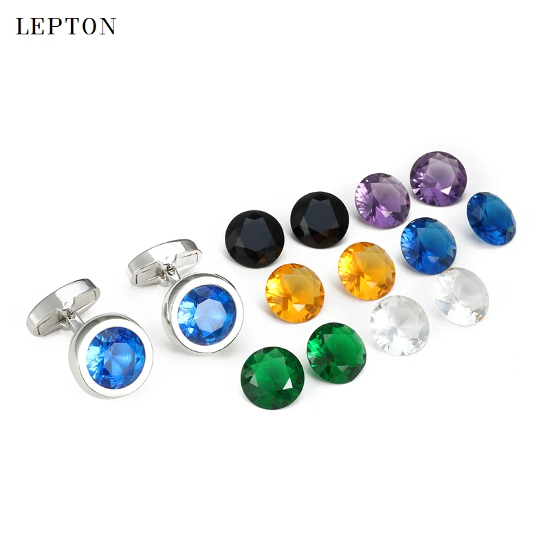 

2025 Lepton High Quality Glass Cufflinks for Mens Round Crystal Cuff links Man Shirt Cuffs CuffLink Brand Jewelry Drop Shipping