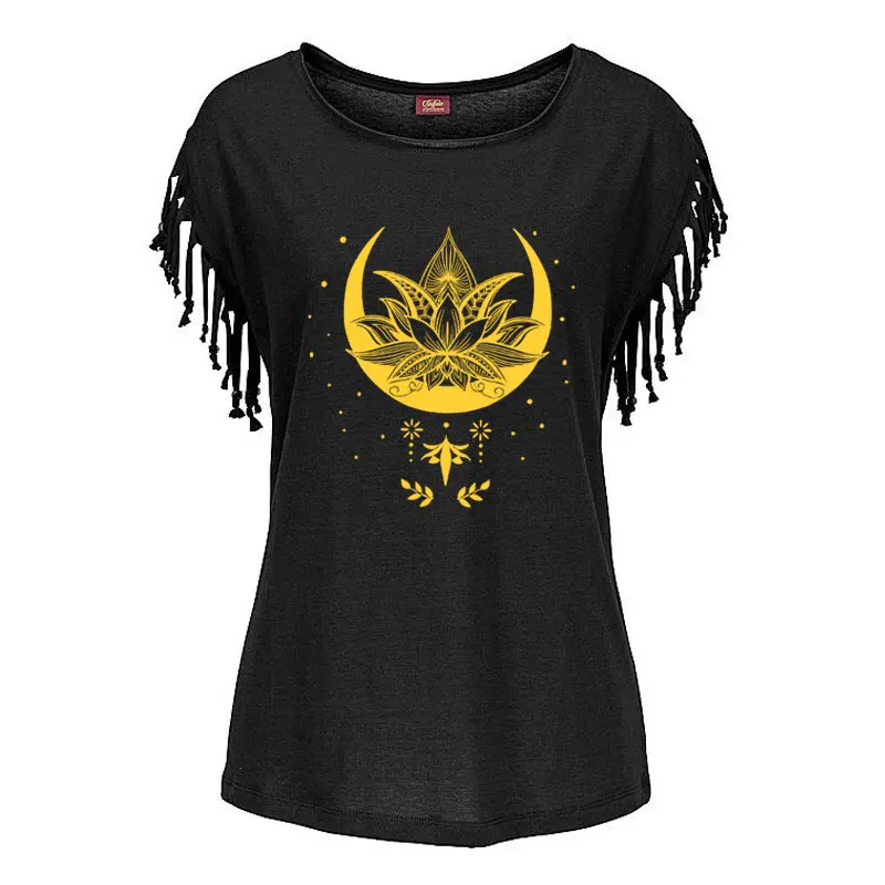 Galaxy Lotus Flower 90s Fashion Print Trend Summer Women T Shirt Tops Short Sleeve Cotton Sexy Tassel Tee Tops