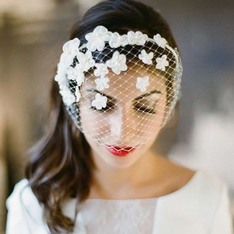 Acessórios do casamento branco birdcage véu pérolas flor elegante preto bandana véu para rosto encantador casamento fascinators 2022