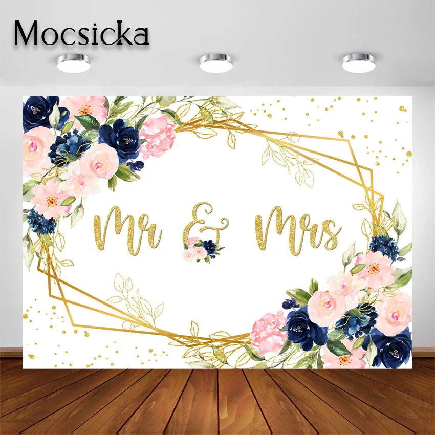 Mocsicka Mr and Mrs Party Backdrop Navy and Blush Wedding Gold Geometric Floral Engagement Party Decoration Background for Photo