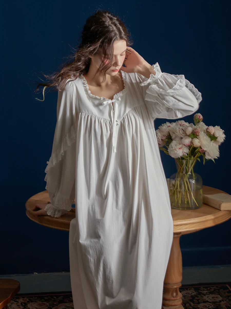 Hanxiuju Vintage Long Nightshirts For Women Royal Princess Delicate Lace Sleeve Loose Solid Color Sweet Sleepwear Home Wear