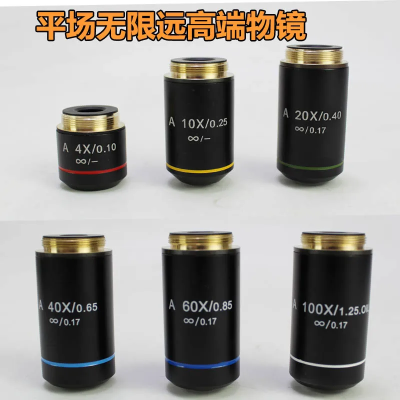 195 microscope objective lens 4X10X20X40X 60X100X flat field infinity chromatic aberration professional objective lens