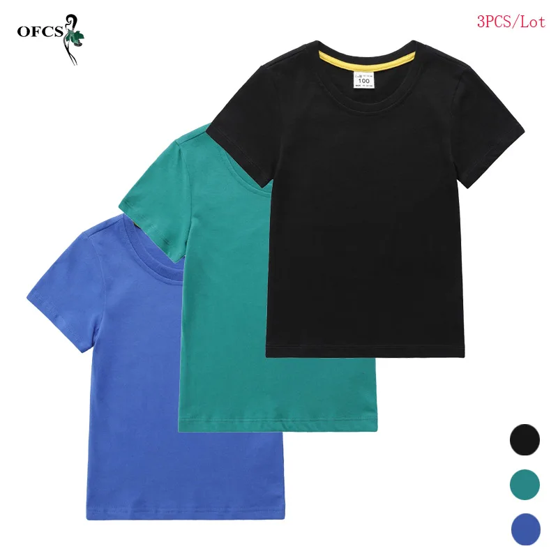 

New Solid Shirt Packaging Sales Unisex Basic Cotton Short T-shirt Tee Boys Girls Casual Tops Children's Clothing Different 3pcs