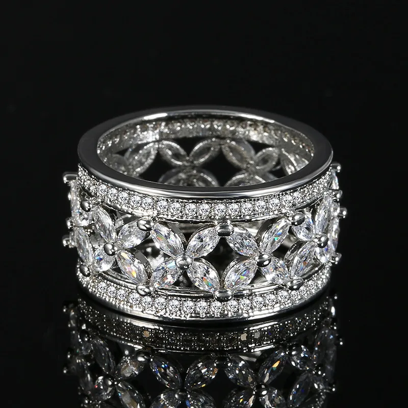 Ekopdee New Vintage Luxury Princess Flower Crystal Zirconia Wide Gold Rings For Women Fashion Female Party Jewelry
