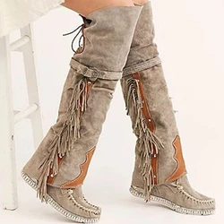 Nice Fashion Bohemian Boho Knee High Boot Ethnic Women Tassel Fringe Faux Suede Hight Boots Woman Girl Flat Long Booties