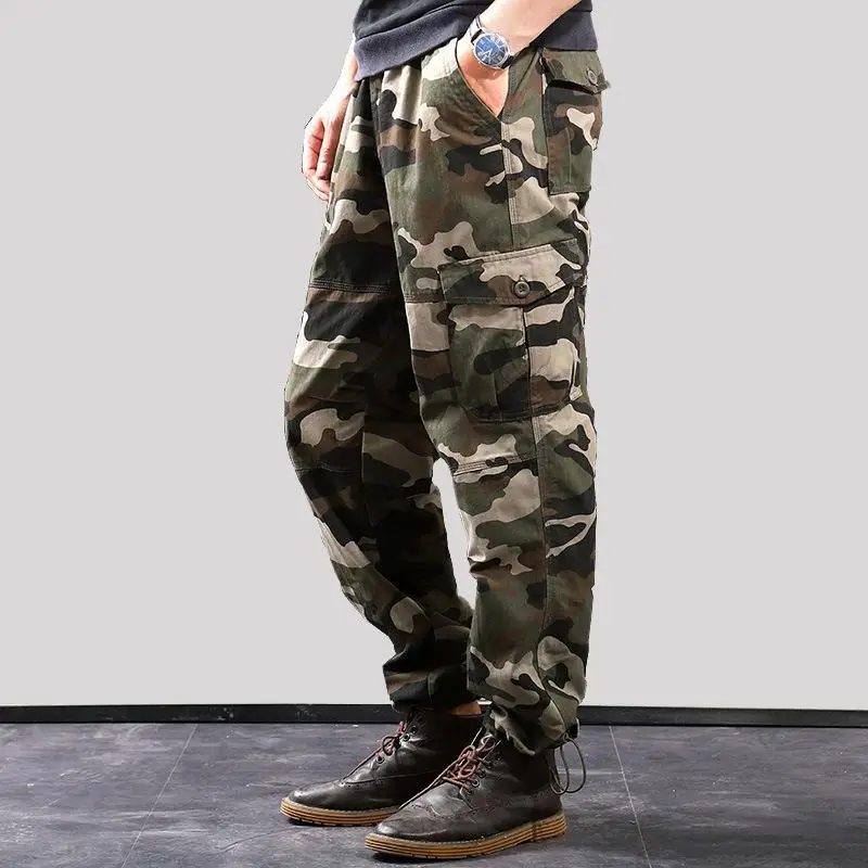 Calça de algodão tática camuflada masculina, jardineira casual com zíper lateral, calça de trabalho resistente ao desgaste, primavera e outono