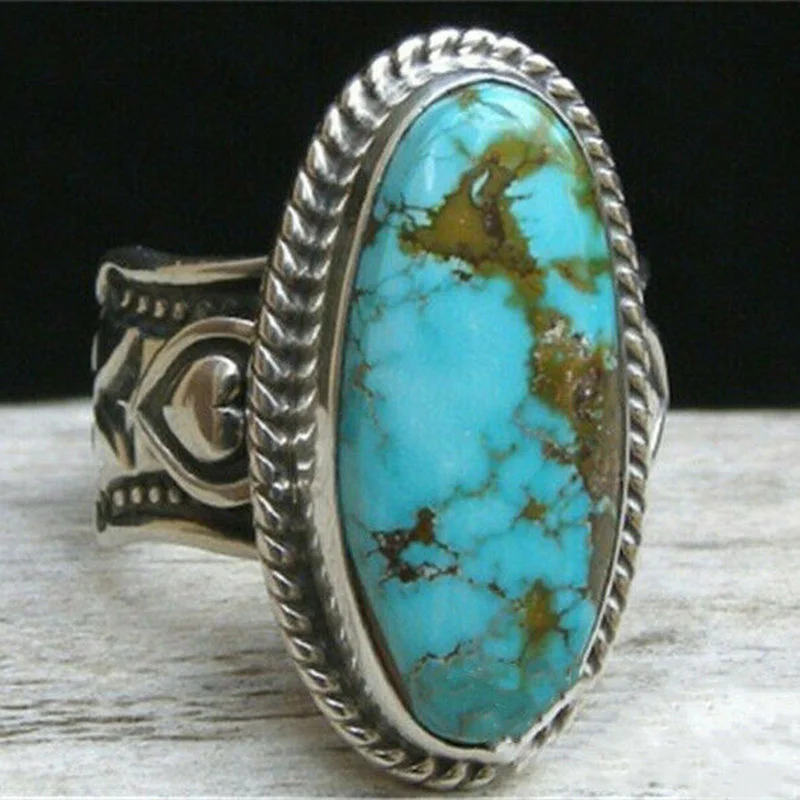 Antique Silver Imitation Turquoise Anniversary Engagement Jewelry Ring Size 6-10