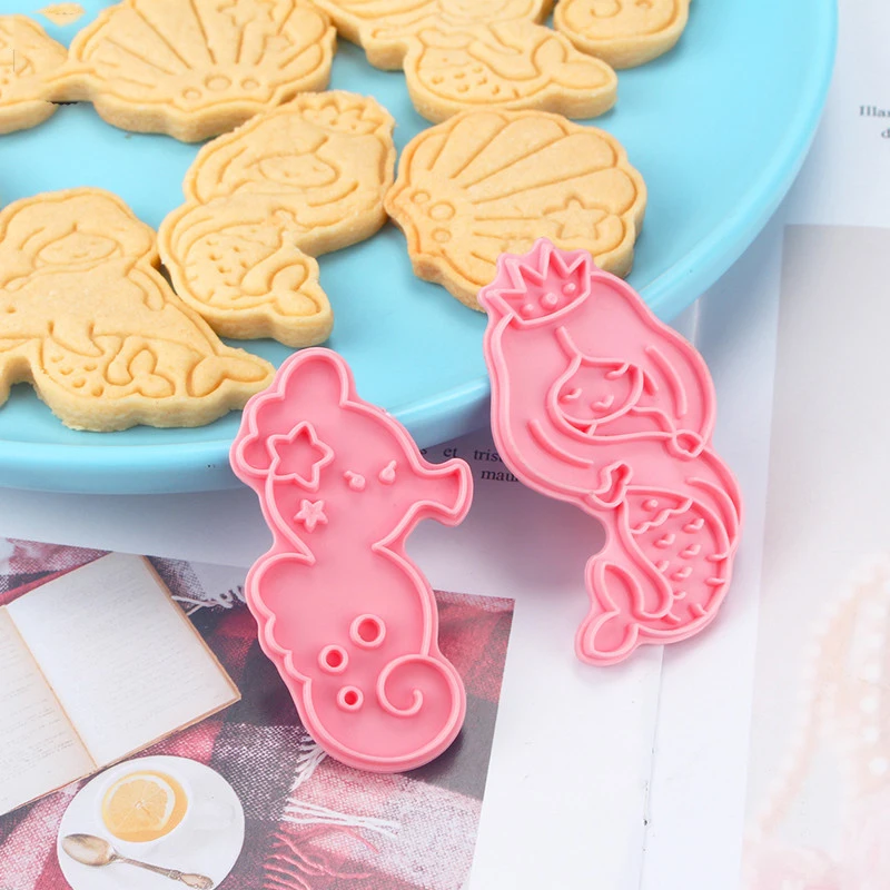 3D Mermaid Shell Seahorse Cookie Cutter Plastic DIY Baking Mould Cookie Cutter Set Cartoon Cake Biscuit Baking Decoration Tools