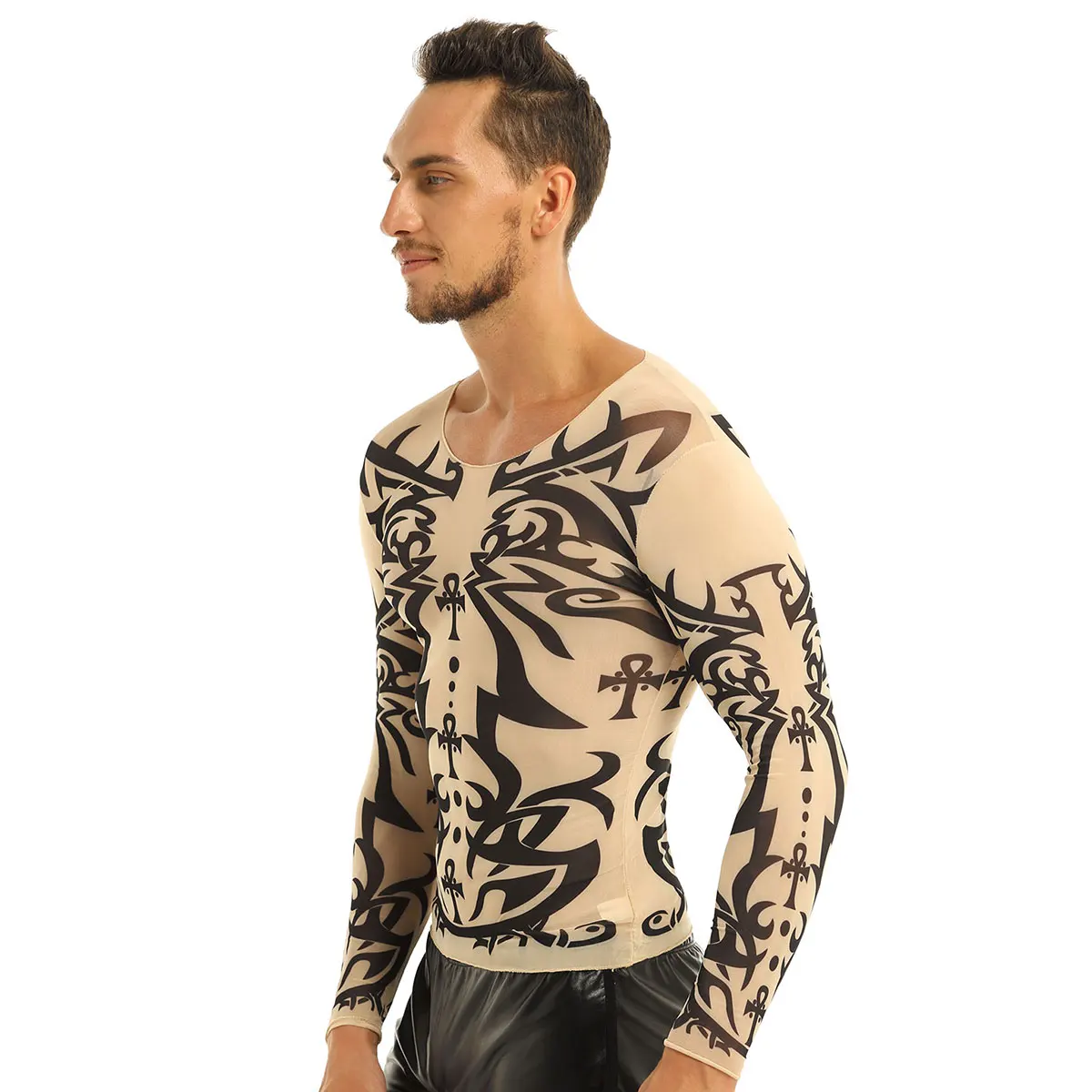 iEFiEL Autumn Men Tops Fake Tattoo Elastic See Through Full Long Sleeve Bodybuilding T-Shirt for Mens Halloween Wetlook Clothes