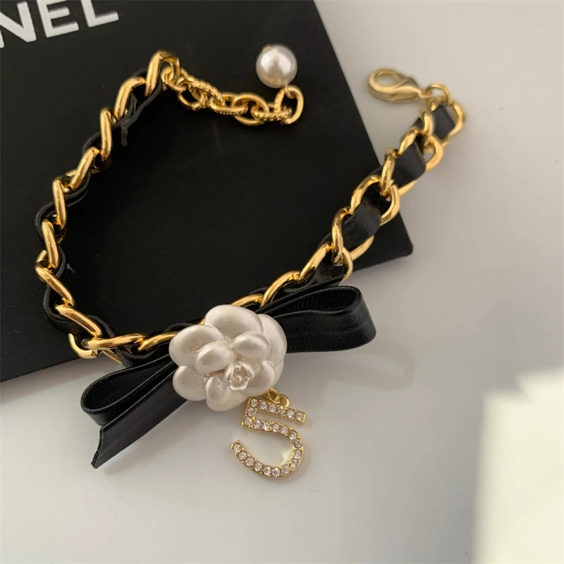 Fashion Braided Leather Chain Necklace for Women Zircon 5 Letter Camellia Pendants Choker Luxury Classical  Z329