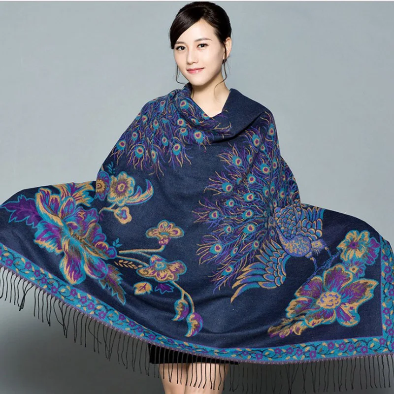 

Blanket Poncho Cape Double Sides Winter New Arrival Women's Pashmina Cashmere Shawl Squar Peacock Scarf Soft Wrap Thick