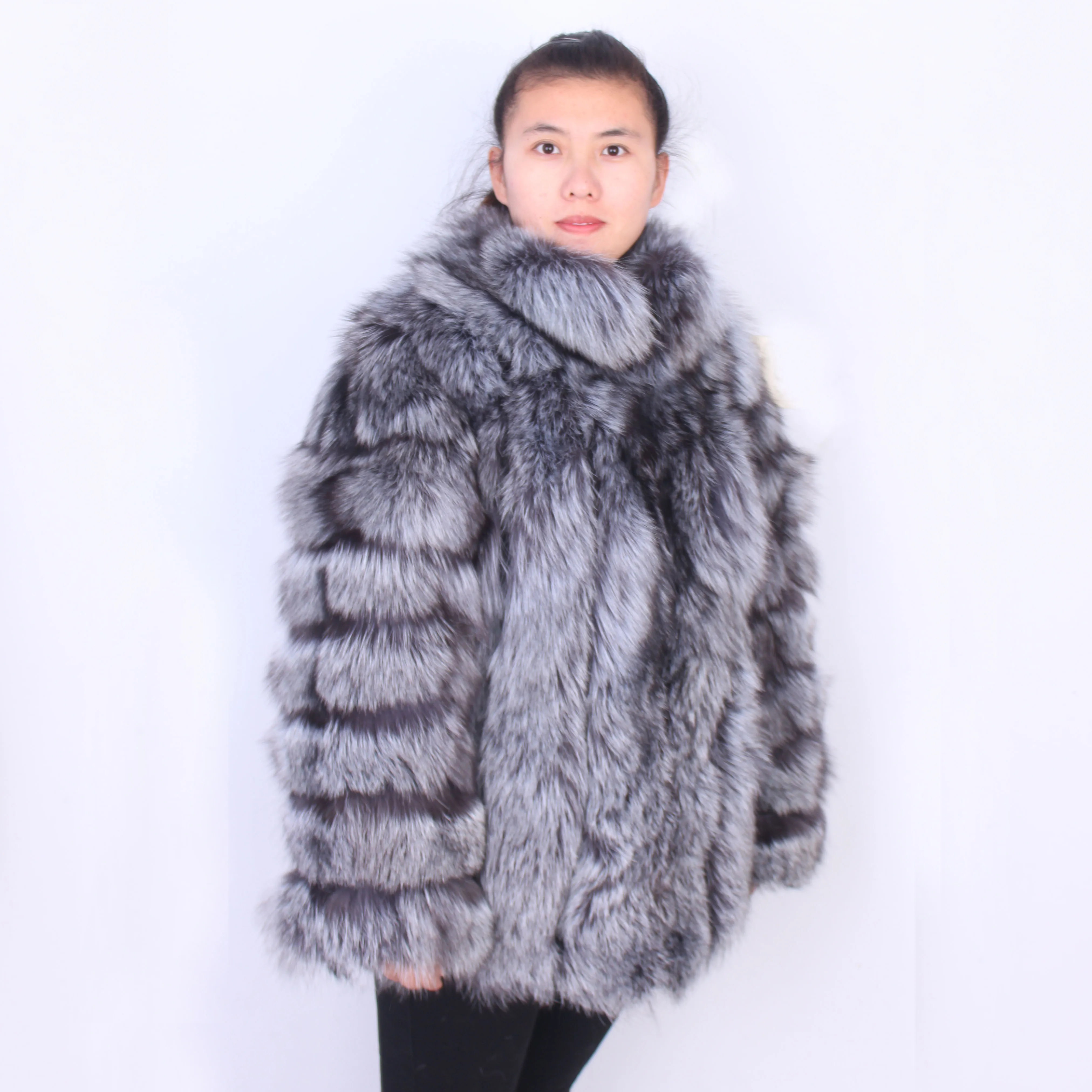 Linhaoshengyue  winter fashion women  natural Silver Fox fur coat  women  with stand collar,real fox fur coat