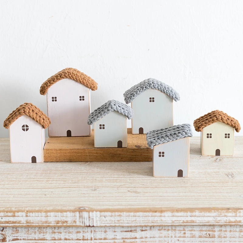 Nordic Wooden House Ornaments Home Decoration Wood Architecture with Woven Proof Cute Desk Miniature Craft Work Nursery Decor