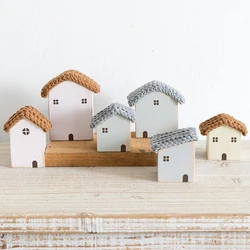 Nordic Wooden House Ornaments Home Decoration Wood Architecture with Woven Proof Cute Desk Miniature Craft Work Nursery Decor