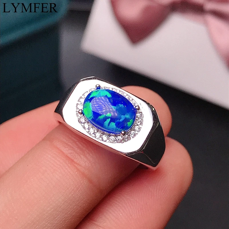 Natural Australian Opal men's ring blue fire color opal 925 sterling silver color beautiful