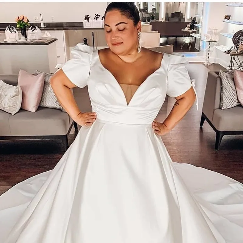 Wedding Dress Plus Size Short Sleeve A-Line Satin With Cheapel Train Long African Bridal Gowns Cheap  Simple Women Brides Big