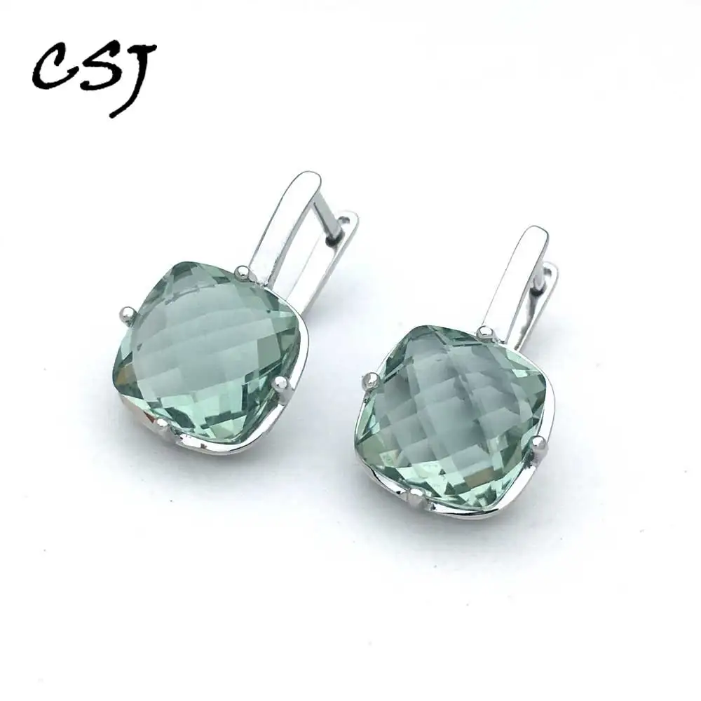 Natural Green Amethyst Earring Sterling 925 Silver Cushiom Cut 10mm 7Ct Fine Jewelry for Women Lady Party Gift