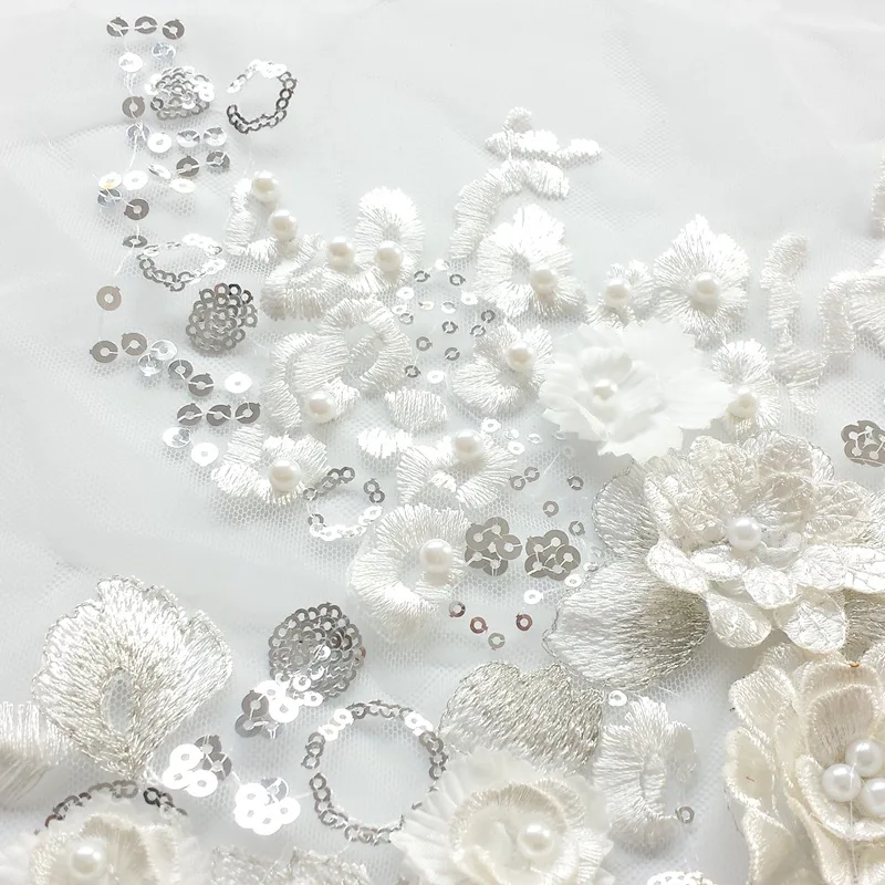 1Pc Grey White Lace Fabric 3D Flowers Beads Sequin Appliques Embroidery Mesh Sew Patch For Wedding Evening Dress Decoration DIY