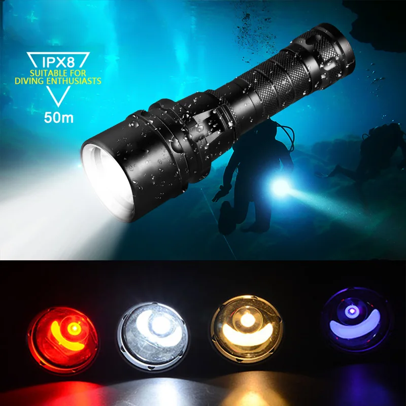 TOPCOM Professional IP68 Diving Flashlight Power Light Underwater 50m Scuba Diving Torch Use 18650 Battery With Non-slip Rope