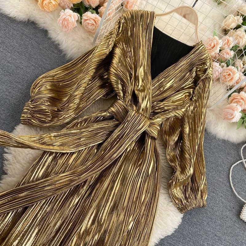 Gold Shimmer Wavsiyier High Waist Boho Luxury Evening Party Dresses Women Runway Long Sleeve Elegant Dress Autumn Spring Dresses