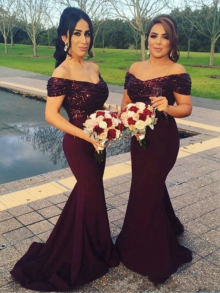 

2021 Off Shoulder Sweep Train Burgundy Mermaid Bridesmaid Dress with Sequins Formal Evening Gowns Wedding Guest Dress