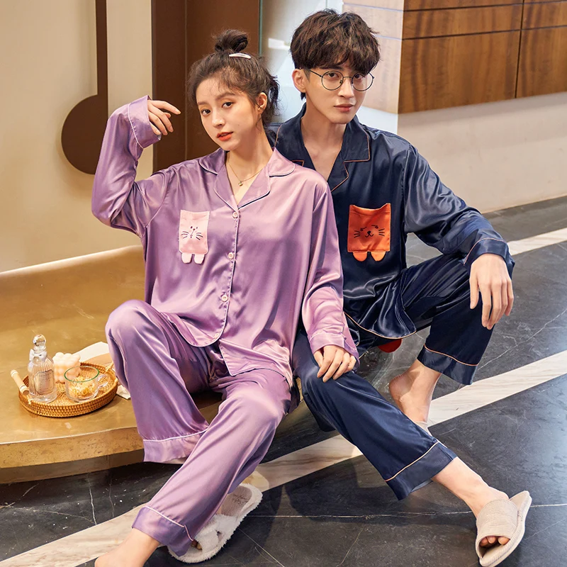 

Spring And Autumn Silk Pajamas Set Pyjamas Cute Cartoon Long Sleeve Sleepwear Pijama Women Men Loungewear